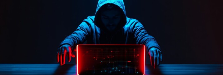 Hacker in a dark room with neon light coding on glowing screen. Concept of cybersecurity and digital hacking.
