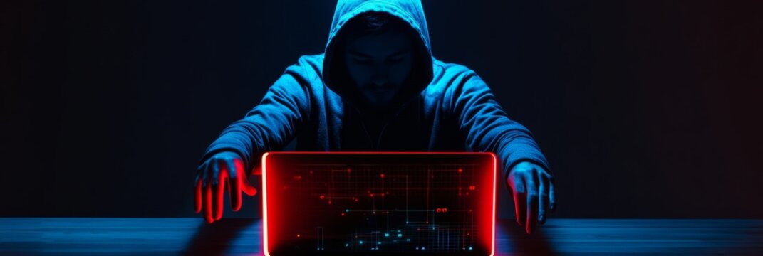Hacker in a dark room with neon light coding on glowing screen. Concept of cybersecurity and digital hacking.