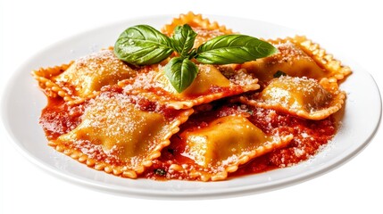 Delicate Ravioli Pasta with Tomato Sauce and Fresh Basil on White Plate Isolated for Cutout PNG - Food Photography with Transparent Background