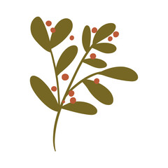 Hand drawn green plant with red berries, cartoon flat vector illustration isolated on white background. Stem with leaves. Nature element. Autumn botany.