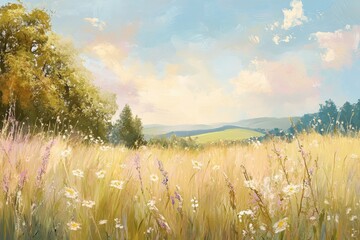 A Summer Meadow with Daisies and Lush Green Trees under a Cloudy Sky