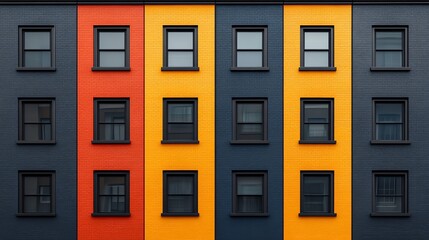 Obraz premium Brightly colored urban building facade with black windows and vertical stripes of red, yellow, and orange for architectural design inspiration.