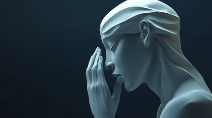 Naklejka premium A serene sculpture of a woman in contemplation, capturing emotions through elegant lines and soft shadows in a minimalist style.