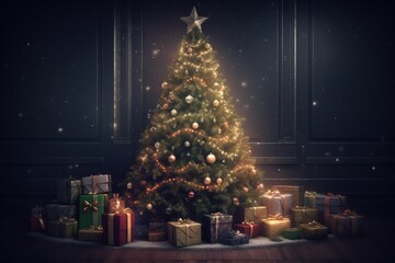 Fototapeta premium Golden Christmas Tree with Presents and Lights