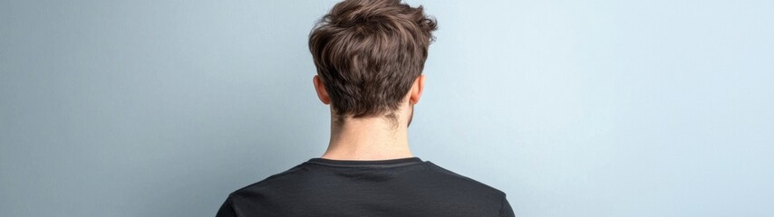 Fototapeta premium Black T-Shirt Mockup on Young Man's Back, Minimalist Setting, Ideal for Presentation and Advertising, Clean Background, Emphasizing Blank Business Concept