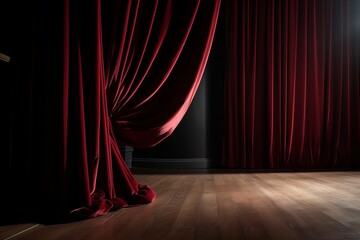 A dramatic scene of red stage curtains partially open, revealing a spotlight on the wooden floor. The dark background contrasts with the rich red fabric, creating a sense of anticipation, highlighting