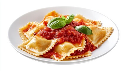 Delicious Isolated Ravioli Pasta with Tomato Sauce and Basil on White Plate Cutout PNG - High Detail Red Ragu Dish on Transparent Background