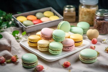 A delightful assortment of colorful macarons arranged on a marble countertop, each with a unique flavor and filling. The pastel hues and delicate