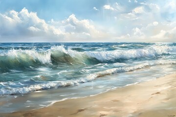 A Painting Depicting Waves Crashing on a Sandy Beach with a Cloudy Sky