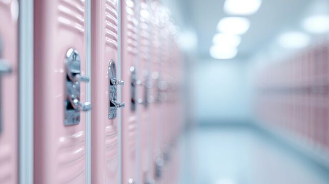 High School Lockers in Hallway, a row of colorful lockers in a minimalist school corridor, emphasizing clean lines and a sense of organized space, inviting exploration and nostalgia