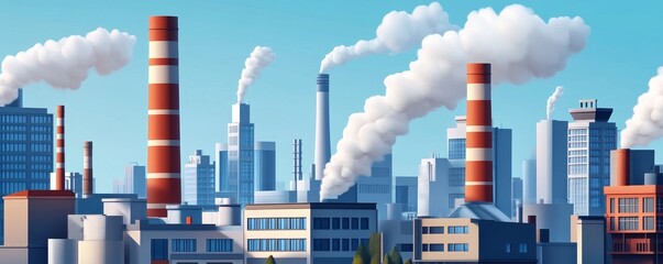A vibrant illustration of an industrial skyline, showcasing smokestacks, factories, and a blue sky filled with clouds.