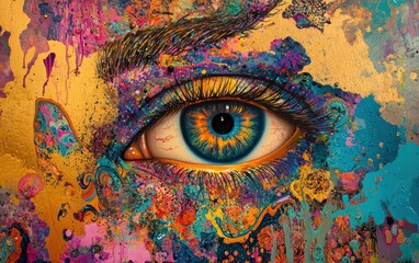 Colorful Vision: Eye Peering Through Abstract Hole in Textured Background