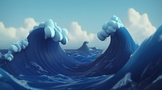 A vibrant seascape featuring majestic waves, fluffy clouds, and tranquil water, evoking peace and nature's beauty.