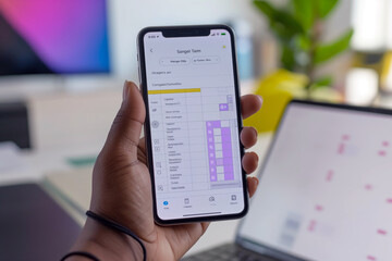 A hand holding a smartphone with a time management app open, showcasing a well-organized schedule and to-do list on blurred office background.
