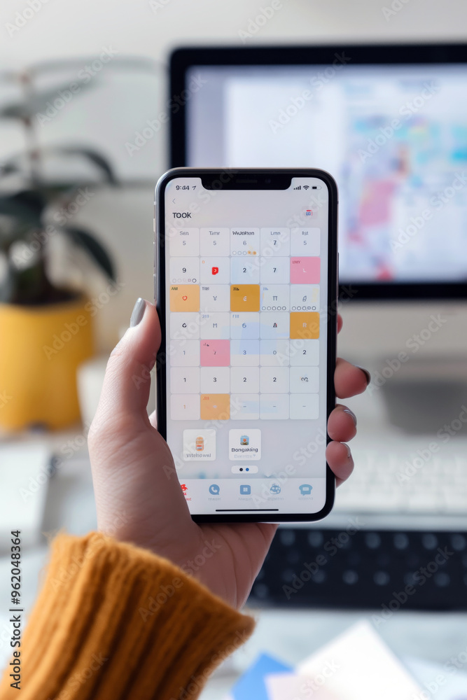 Poster a hand holding a smartphone with a time management app open on blurred office background.