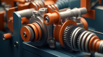 Close-up of industrial machinery showcasing gears and components with vibrant colors and intricate design, ideal for technology themes.