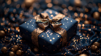 christmas gift box. Blue gift box with gold bow