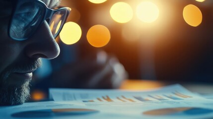 A focused individual reviews financial graphs while illuminated by warm bokeh lights, emphasizing concentration and analysis.