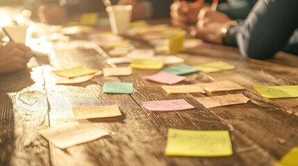 Naklejka premium Collaborative workspace with colorful sticky notes on a wooden table, ideal for brainstorming and creative meetings.