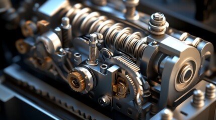 Fototapeta premium Close-up view of a complex mechanical engine component showcasing intricate gears and polished metal surfaces.
