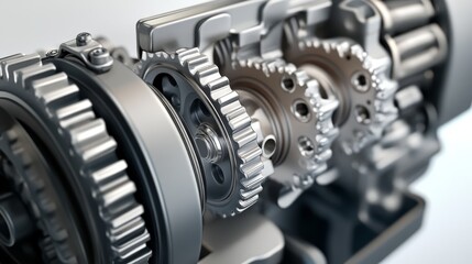 Fototapeta premium Close-up view of intricate gears and mechanical components in a modern engine assembly, showcasing precision engineering and design.