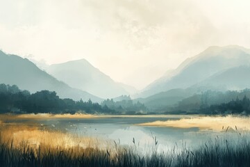 Serene Lake in a Misty Mountain Valley