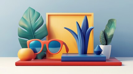 Colorful still life arrangement featuring plants, accessories, and decorative elements against a soft backdrop.