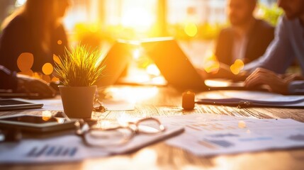 A group collaborates over data analysis, surrounded by greenery, symbolizing growth and innovation in a business environment.
