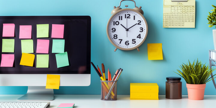 An organized workspace with a desktop computer, a planner, sticky notes, and a clock, illustrating an effective time management setup for productivity.