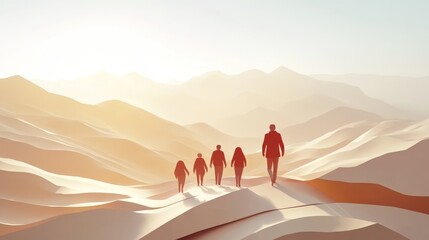 Fototapeta premium Silhouetted figures traverse a serene desert landscape, symbolizing adventure, unity, and the journey of life.