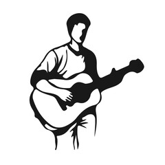 Man with Guitar Vector Black Silhouette on White Background. Vector Illustration of Guitarist Silhouette. 