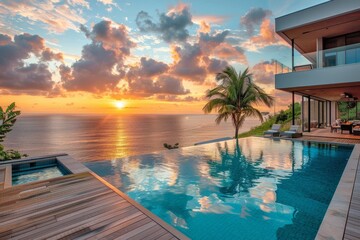 Elegant infinity pool with ocean view, wooden deck, and hot tub under a vibrant sunset sky with palm trees.