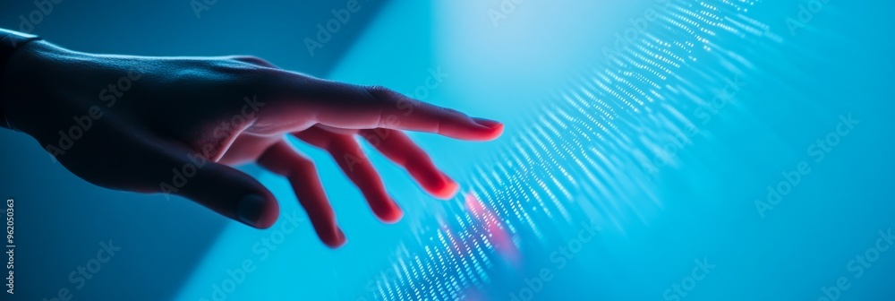Poster Hand reaching out to touch a glowing digital interface on a blue background. Represents data and connectivity.