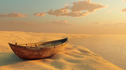 A weathered boat rests on golden sands under a serene sky at sunset.