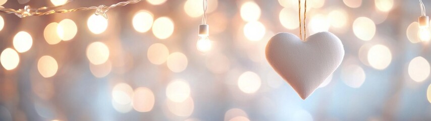 Heart-shaped garland lights adorning a soft curtain, creating a warm and inviting atmosphere for a memorable anniversary celebration in a minimalist setting