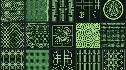 A collection of green and black patterns and shapes