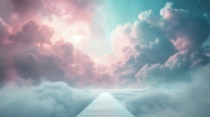 A sky with pink and blue clouds and a white wooden bridge