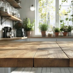 Empty Beautiful wood table top with blur background of modern kitchen for products display. 