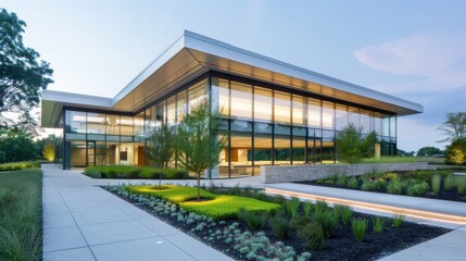A large building with a glass facade and a large garden in front of it