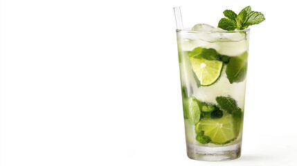 ice mojito cocktail in tall glass with tubes  isolated on white background