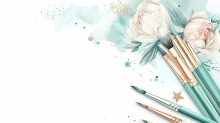 Fototapeta premium A white background with a bunch of paintbrushes and a bunch of flowers