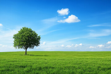 Tree stands in the middle of a green field under a bright blue sky with white clouds