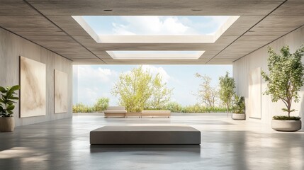 Fototapeta premium Modern open ceiling with sky view gallery interior with concrete flooring. Art and exhibition design concept. 3D Rendering