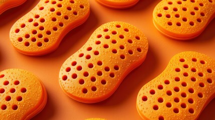 Fototapeta premium Orange Cleaning Sponges with Holes on Orange Background