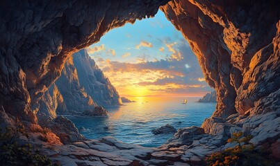 Sunset View From a Coastal Cave