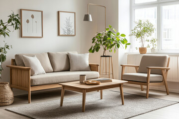 Bright airy living room featuring minimalist scandinavian design with wooden furniture, neutral tones, indoor plants