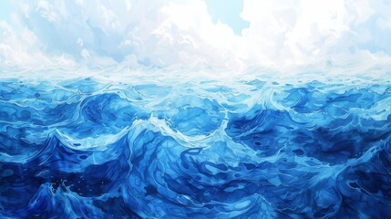 A serene digital illustration of calm ocean waves under a bright sky. The tranquil scene, with its soft blue tones, evokes a sense of peace and natural beauty, perfect for relaxation and nature