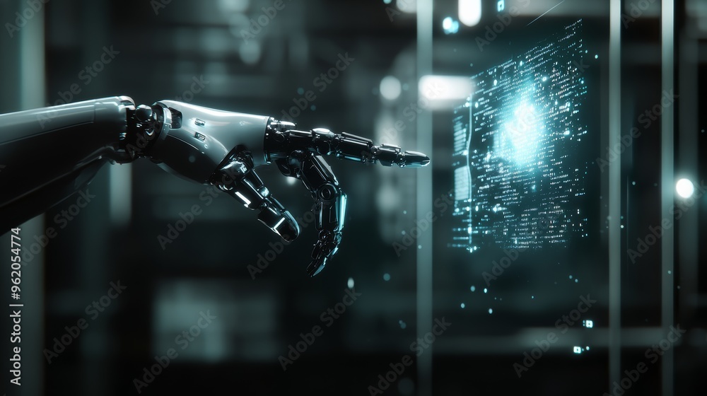 Poster Close-up of robotic hand pointing at a glowing digital interface with binary code. Futuristic AI and coding concept.