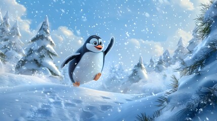 Obraz premium Happy Penguin Waddling in Winter Wonderland