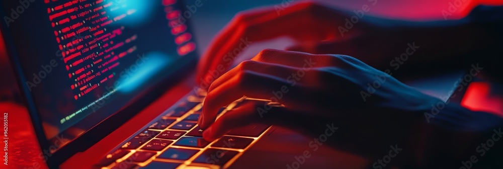 Aufkleber Hands typing code on a laptop with a red-glowing screen in a dimly lit environment. The red tint adds a hacker-like atmosphere.